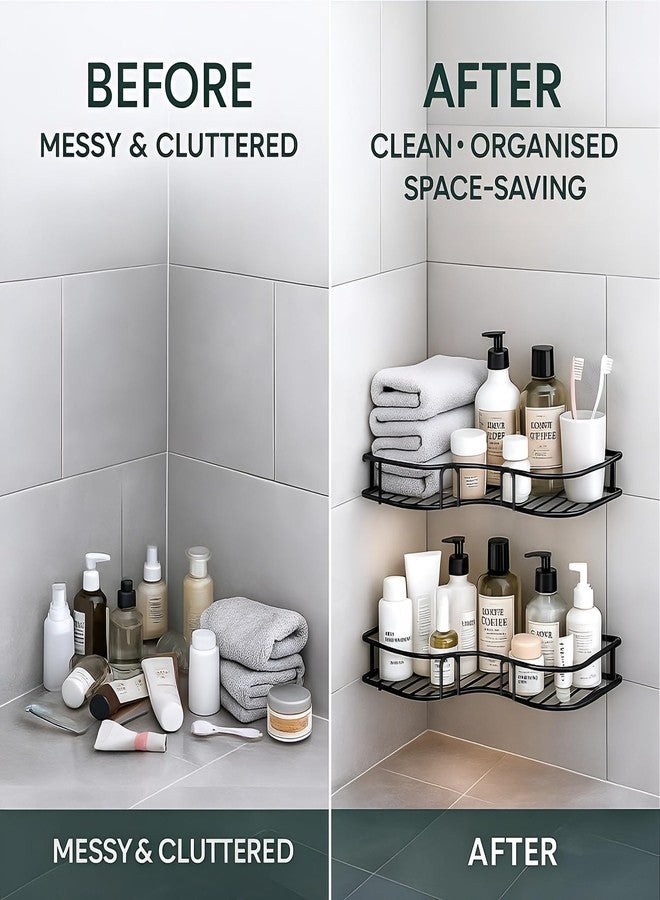 دالوتشي منظم حمام دالوتشي بدون حفر | رف زاوية حمام ذاتي اللصق، رف تخزين معدني مثبت على الحائط | منظم إكسسوارات الحمام والمطبخ (8 و9 بوصة) (أسود، قطعتان) - Image 3